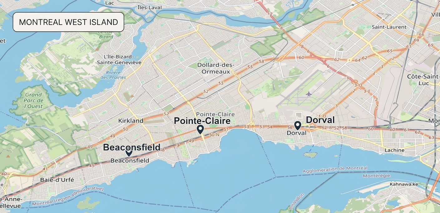 Map of Montreal's West Island with Pointe-Claire, Dorval and Beaconsfield highlighted